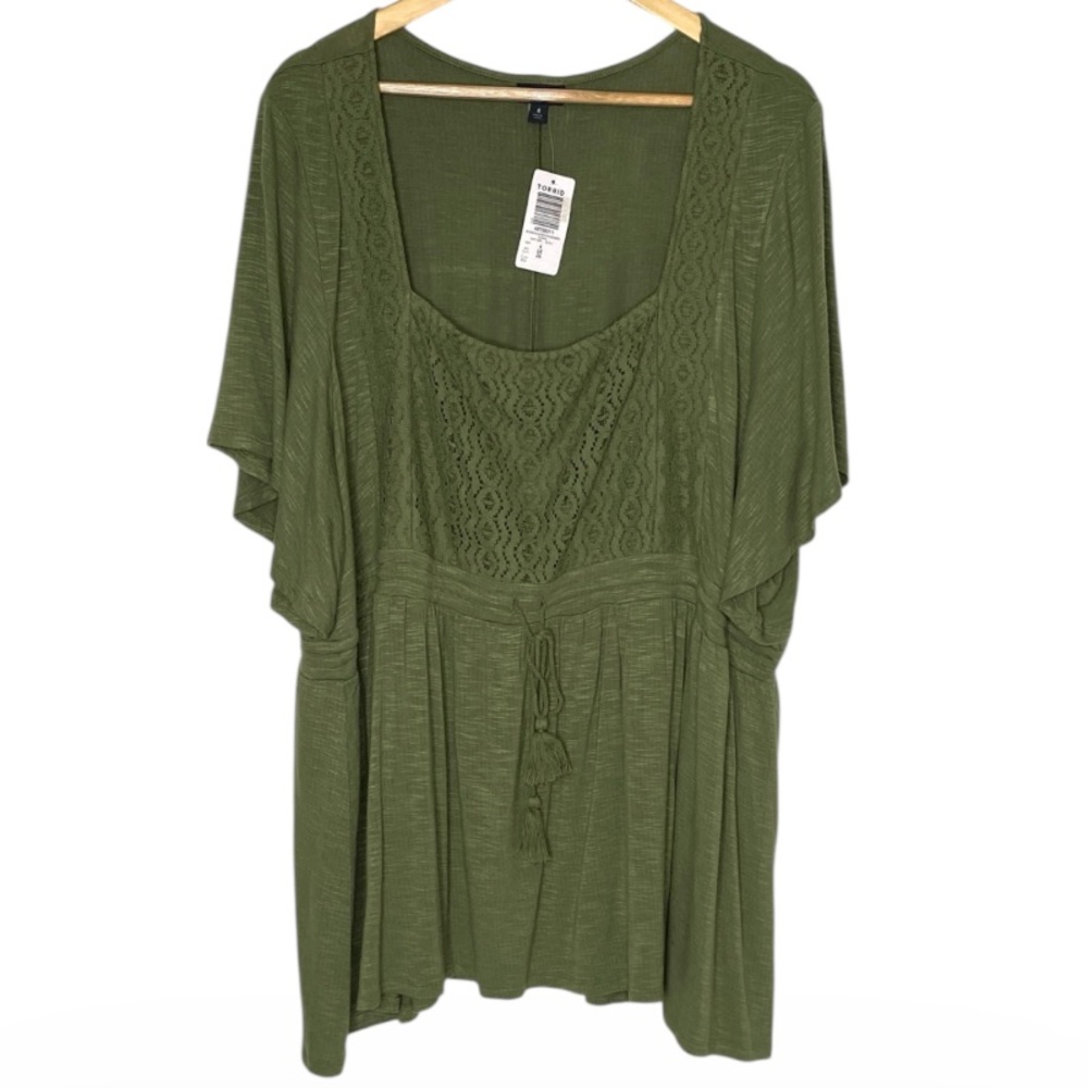 TORRID New Olivine Green Knit Square Neck Lace Inset Flutter Sleeve | Sz 4X/26